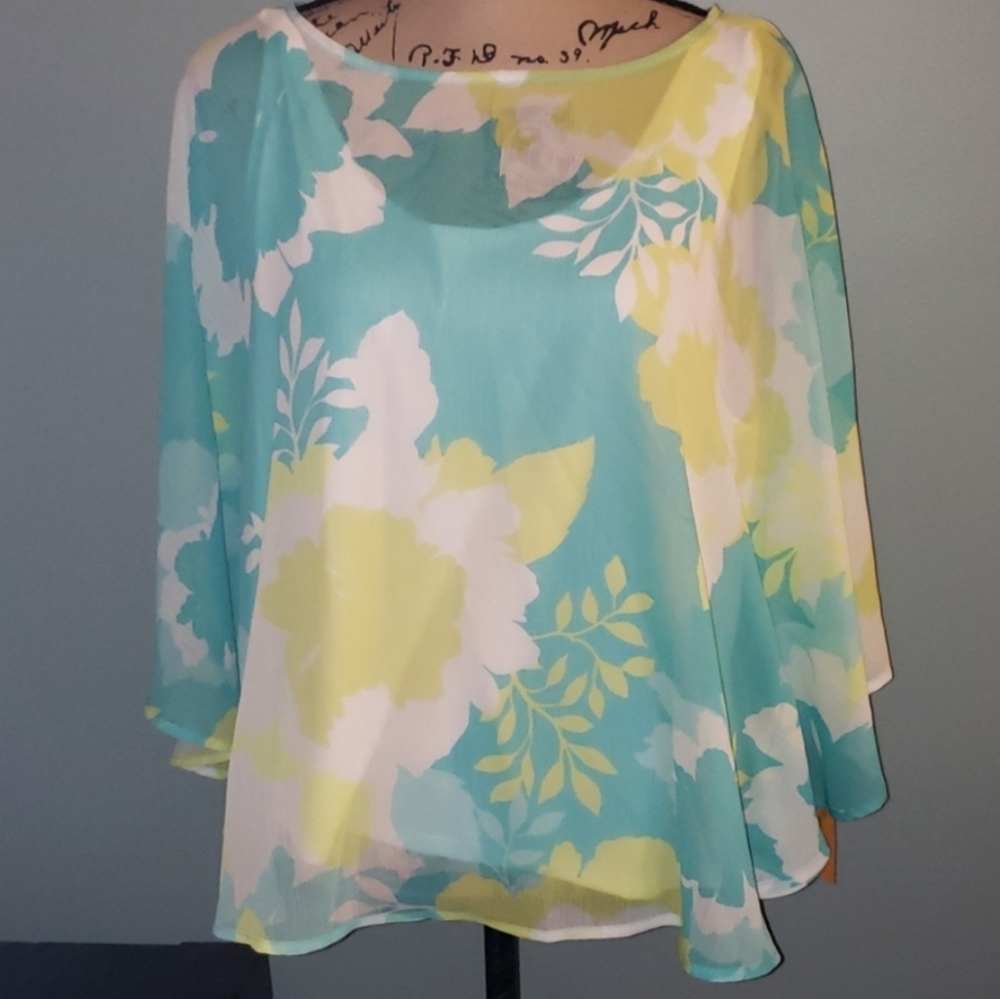 New Ruby Rd. Asymmetrical Turqupise & Yellow Twofer Blouse Size PXL